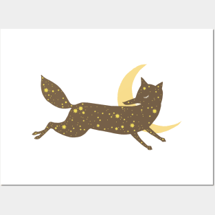 Starry Fox And Crescent Moon Illustration Posters and Art